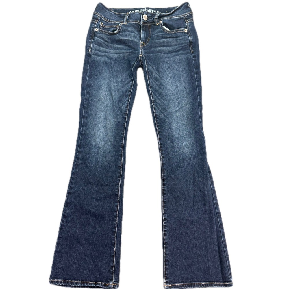 American Eagle Kick Boot Jeans Women 0 Blue Dark Wash Low Rise Stretch Denim